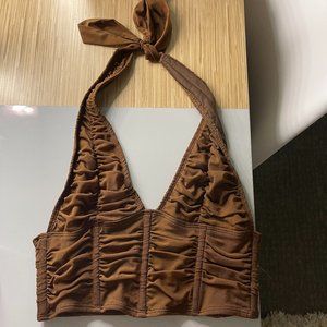 Edikted Brown Gathered Mesh Halter Top